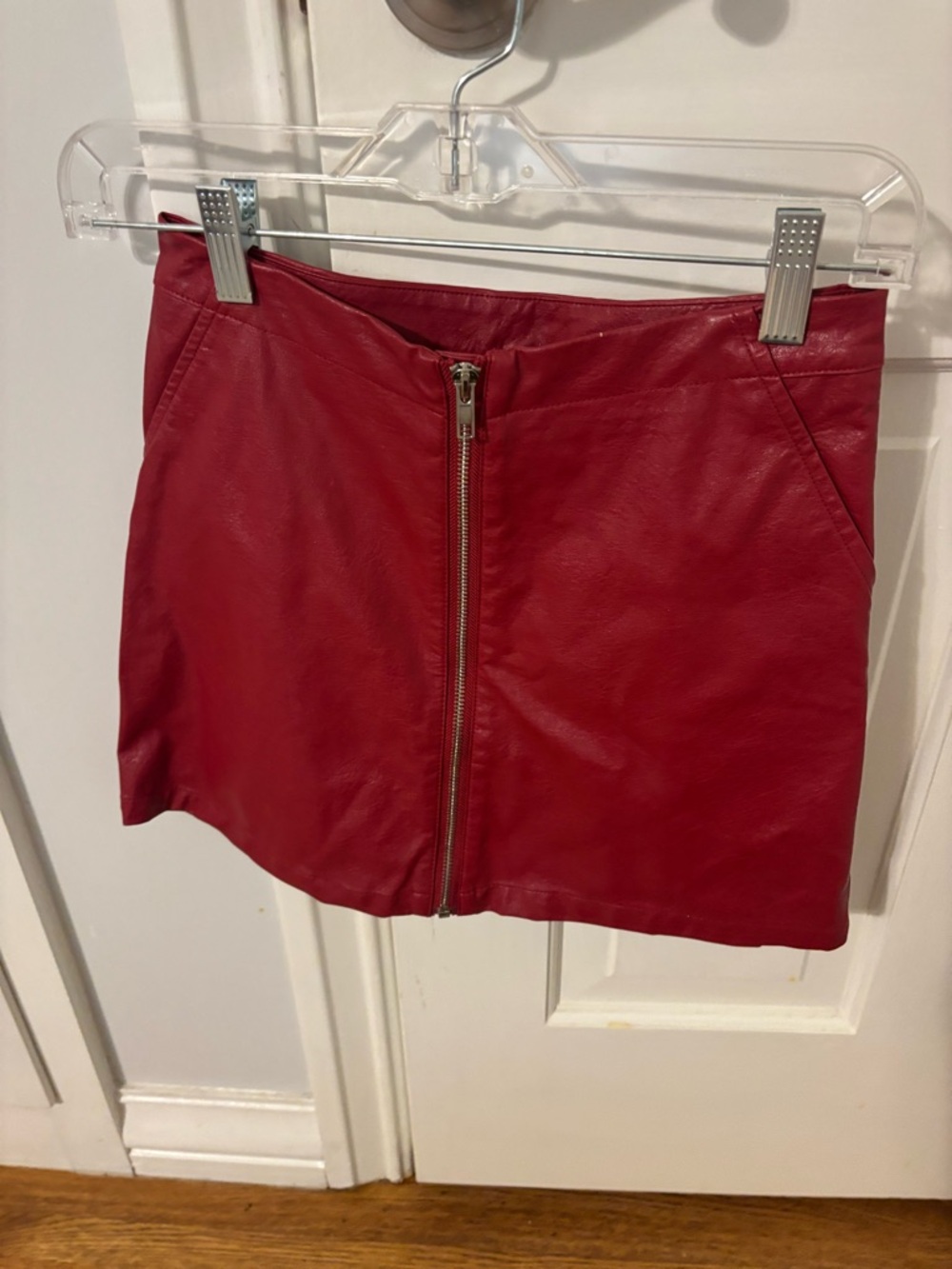 Red Faux Leather Front-Zip Mini Skirt